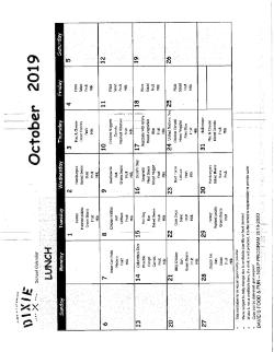 October Breakfast and Lunch Calendar